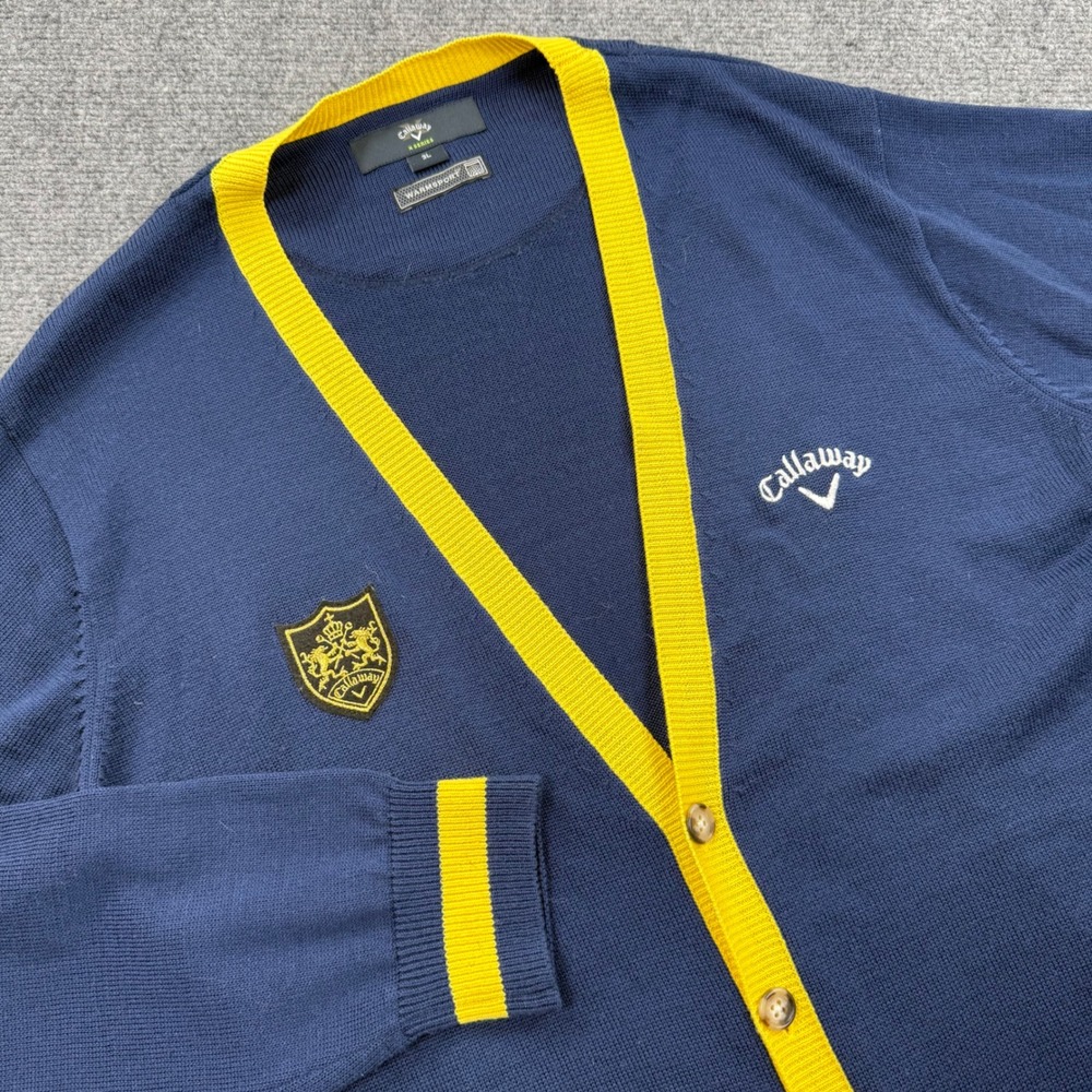 Callaway Cardigan 3Large Navy Blue Yellow Crest V-Neck Wool Blend Mens